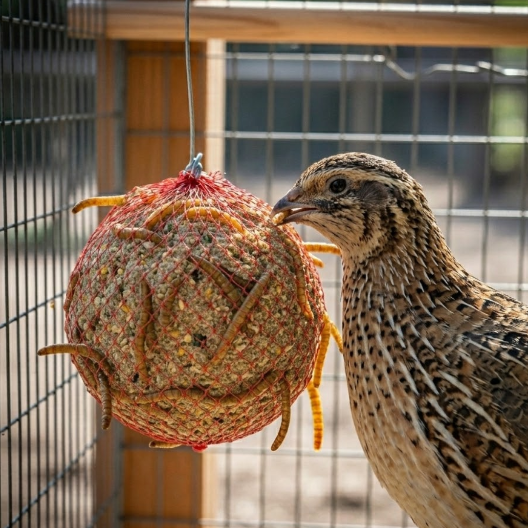 Quail & Gamebird Knödel enrichment feed balls with mealworms, designed for quails and gamebirds, shown in a 2-pack.