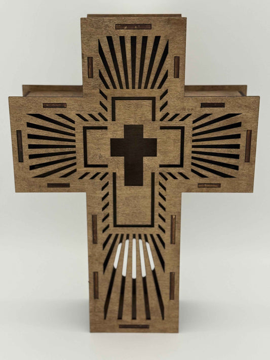 Front view of C2 Creations LLC radiant cross wall art, laser engraved wooden spiritual decor with illuminated design.