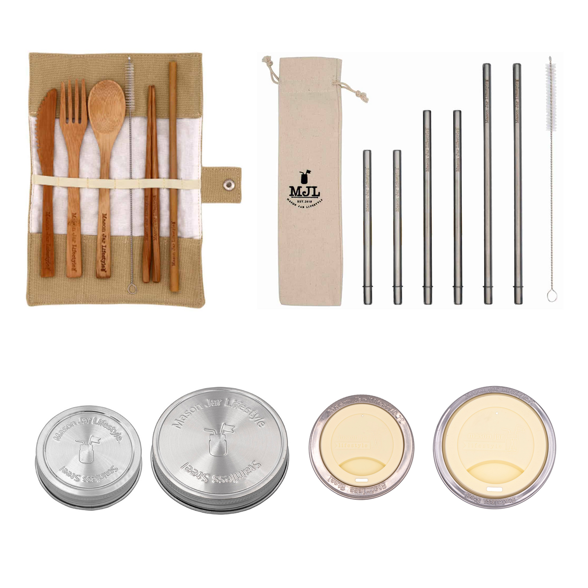 Mason Jar Lifestyle zero waste starter kit with reusable lids, eco-friendly accessories, and mason jar storage solutions.