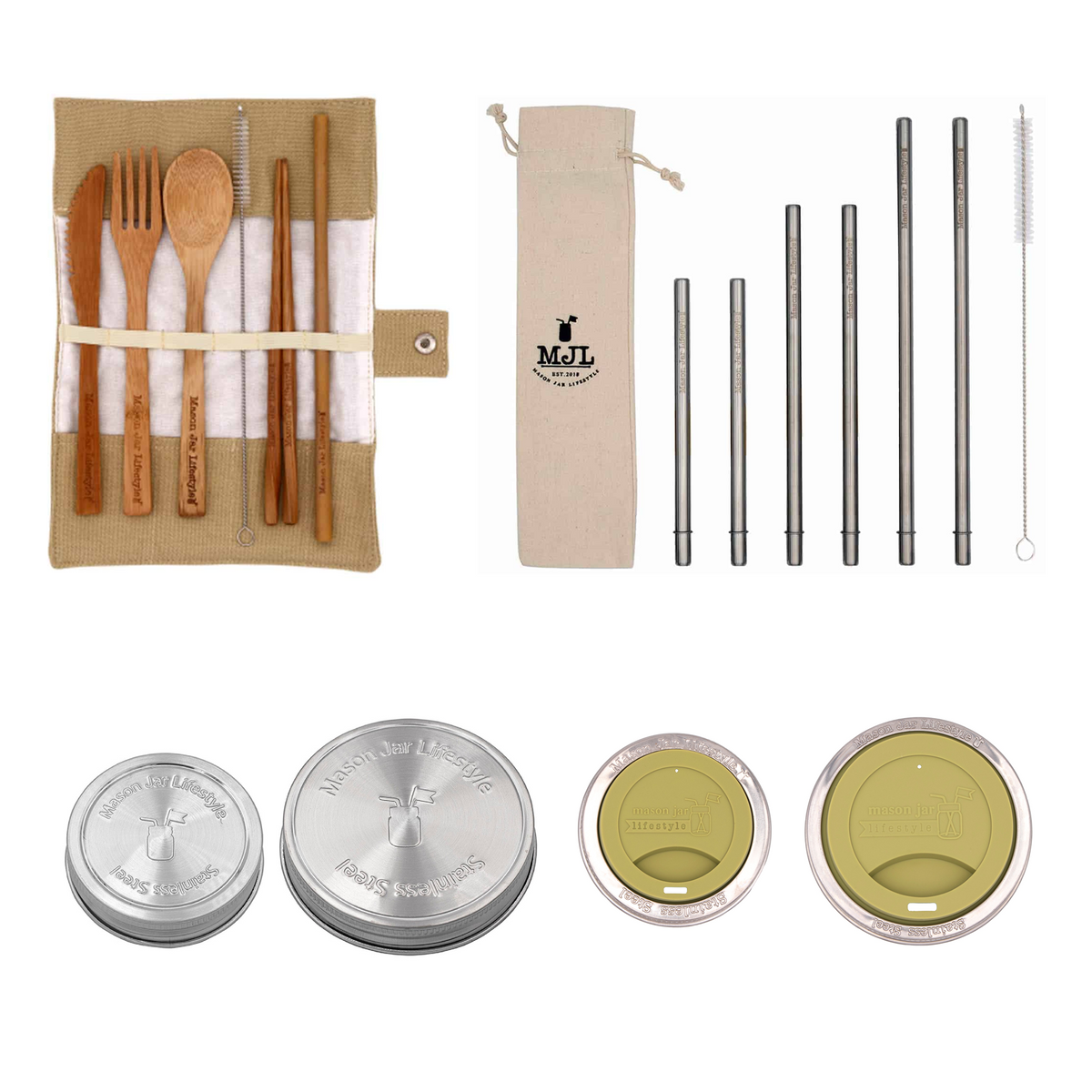Zero waste starter kit for Mason jars by Mason Jar Lifestyle, includes reusable lids, straws, and eco-friendly accessories.