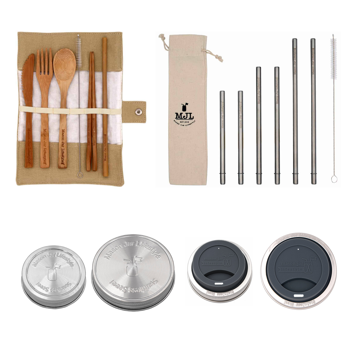 Zero waste starter kit for mason jars from Mason Jar Lifestyle, includes reusable lids, straws, and eco-friendly accessories.