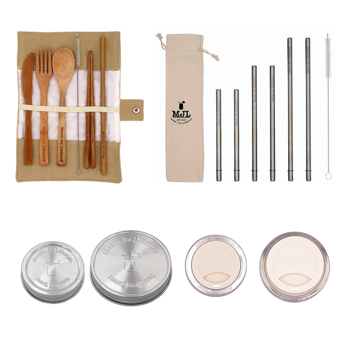 Mason Jar Lifestyle zero waste starter kit with reusable jar lids, cloth bags, and eco-friendly accessories for mason jars.