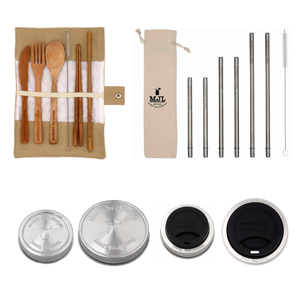 Zero waste starter kit for Mason jars by Mason Jar Lifestyle, includes reusable accessories and eco-friendly storage solutions.