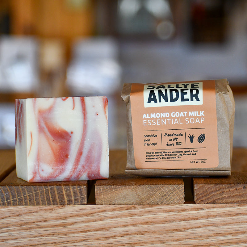 Almond goat milk soap in a 5 oz. bar from Red Apple Farm, natural health and beauty skincare with almond and goat milk ingredients.