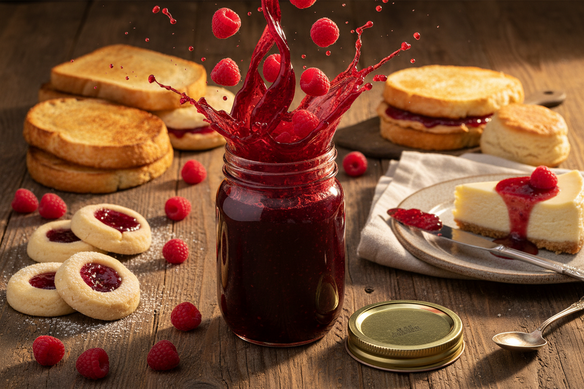 Canned Red Raspberry Seedless Jam in 18oz jar by Amish Country Store, showcasing vibrant red jam with a smooth texture.