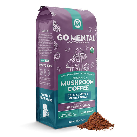 Decaffeinated Red Reishi and Chaga mushroom coffee adaptogens blend in a mug with red Reishi mushroom slices.