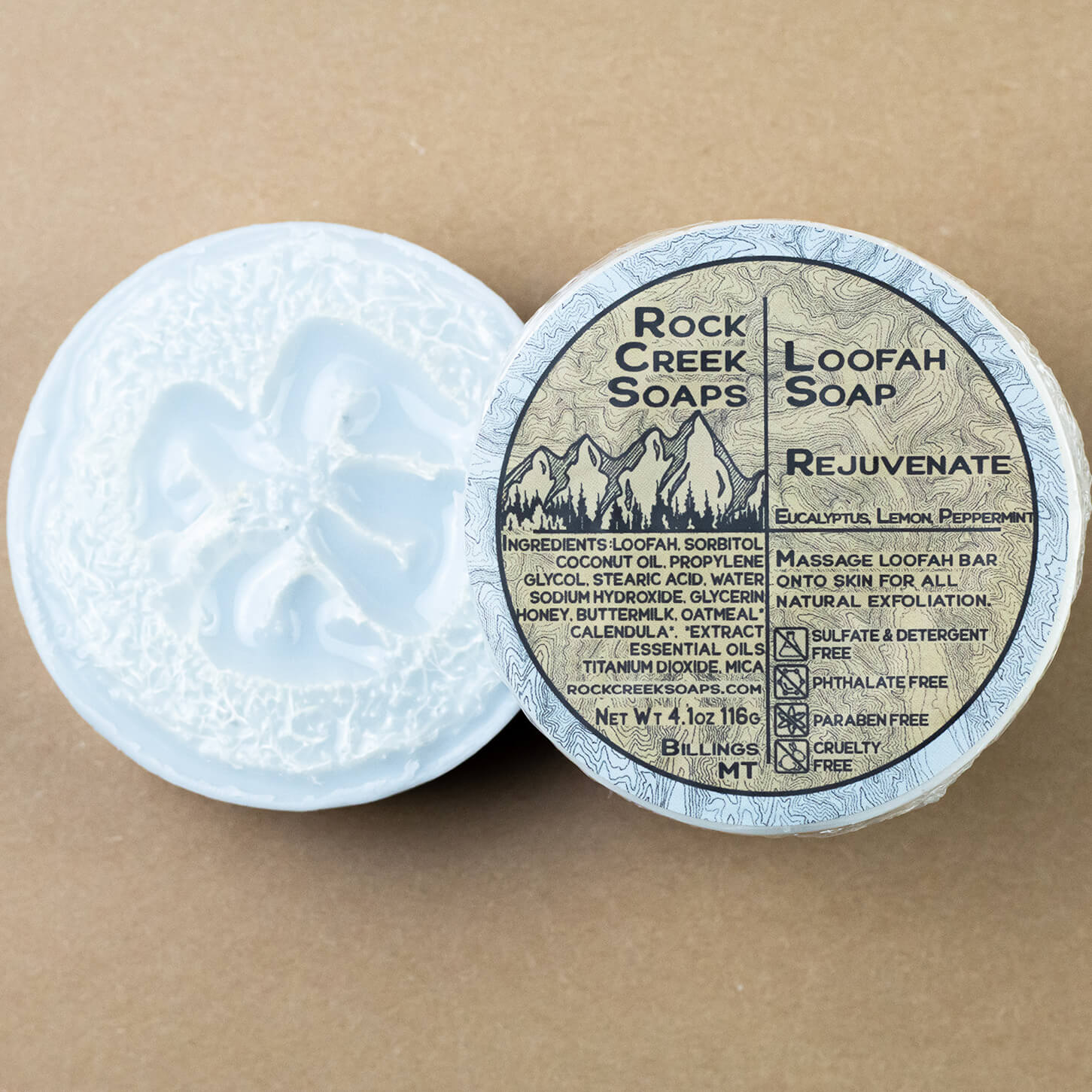 Rejuvenate Loofah Soap by Rock Creek Soaps, with natural loofah embedded in creamy soap for exfoliating skincare.