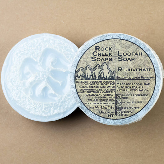 Rejuvenate Loofah Soap by Rock Creek Soaps with exfoliating loofah embedded in creamy soap bar.