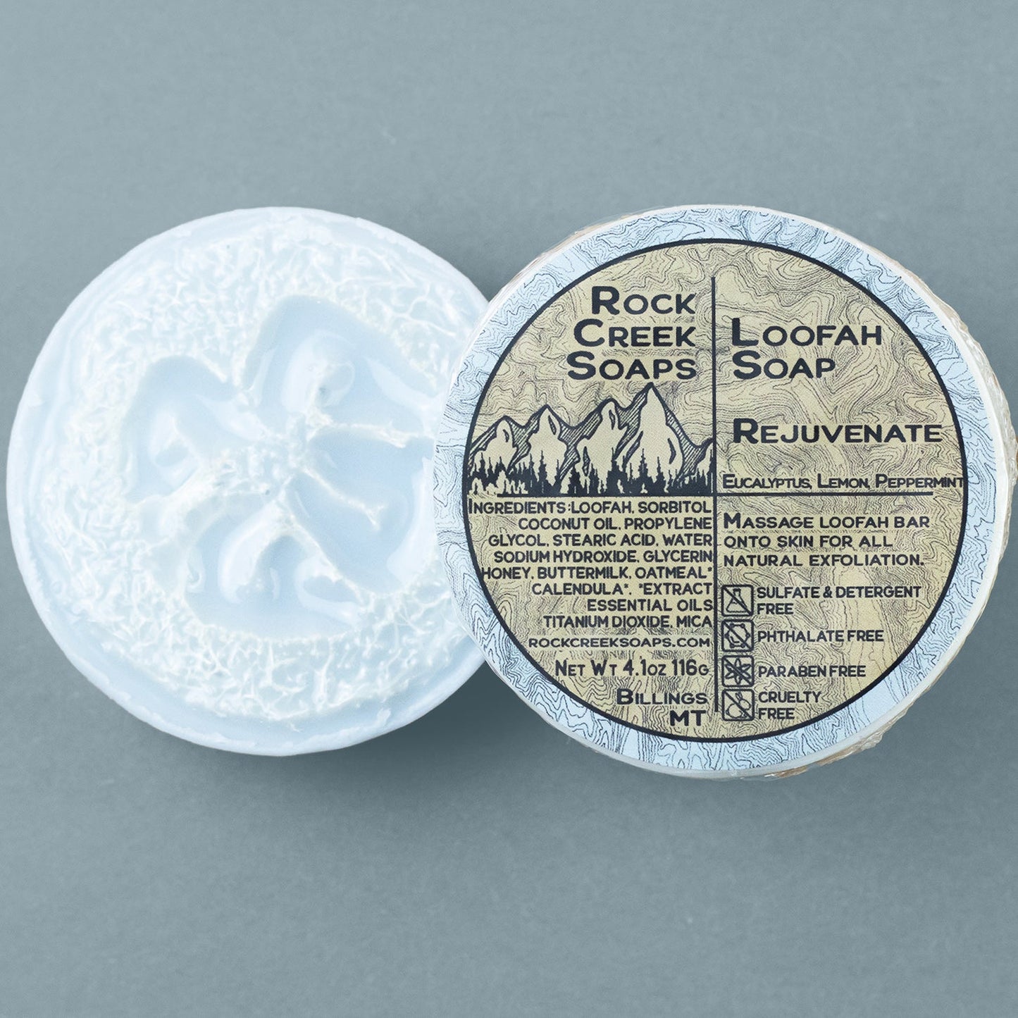 Rejuvenate loofah soap by Rock Creek Soaps featuring a textured loofah embedded in creamy soap for exfoliating skin.