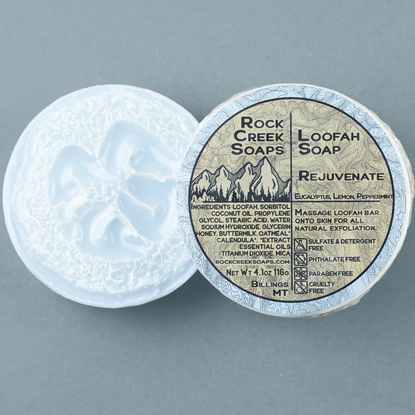 Rejuvenate loofah soap by Rock Creek Soaps featuring a textured loofah embedded in creamy soap for exfoliating skin.