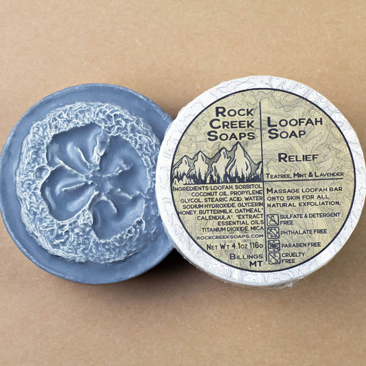 Rock Creek Soaps Relief Loofah Soap with exfoliating loofah for gentle cleansing and skin refreshment.