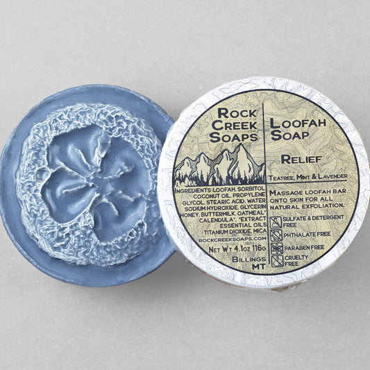 Rock Creek Soaps relief loofah soap with a natural loofah embedded in a bar of soothing soap