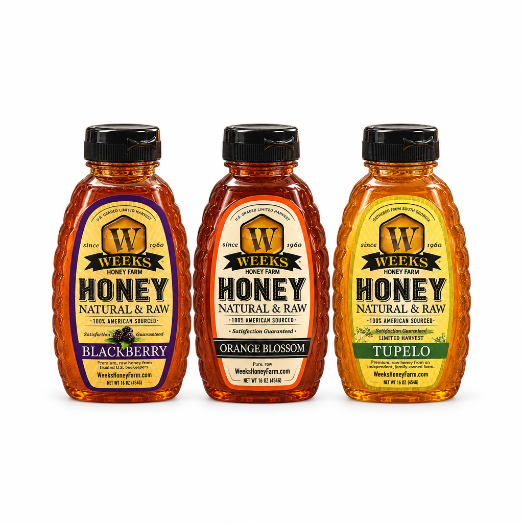Weeks Honey Farm raw honey trio gift set featuring blackberry, orange blossom, and tupelo honey jars