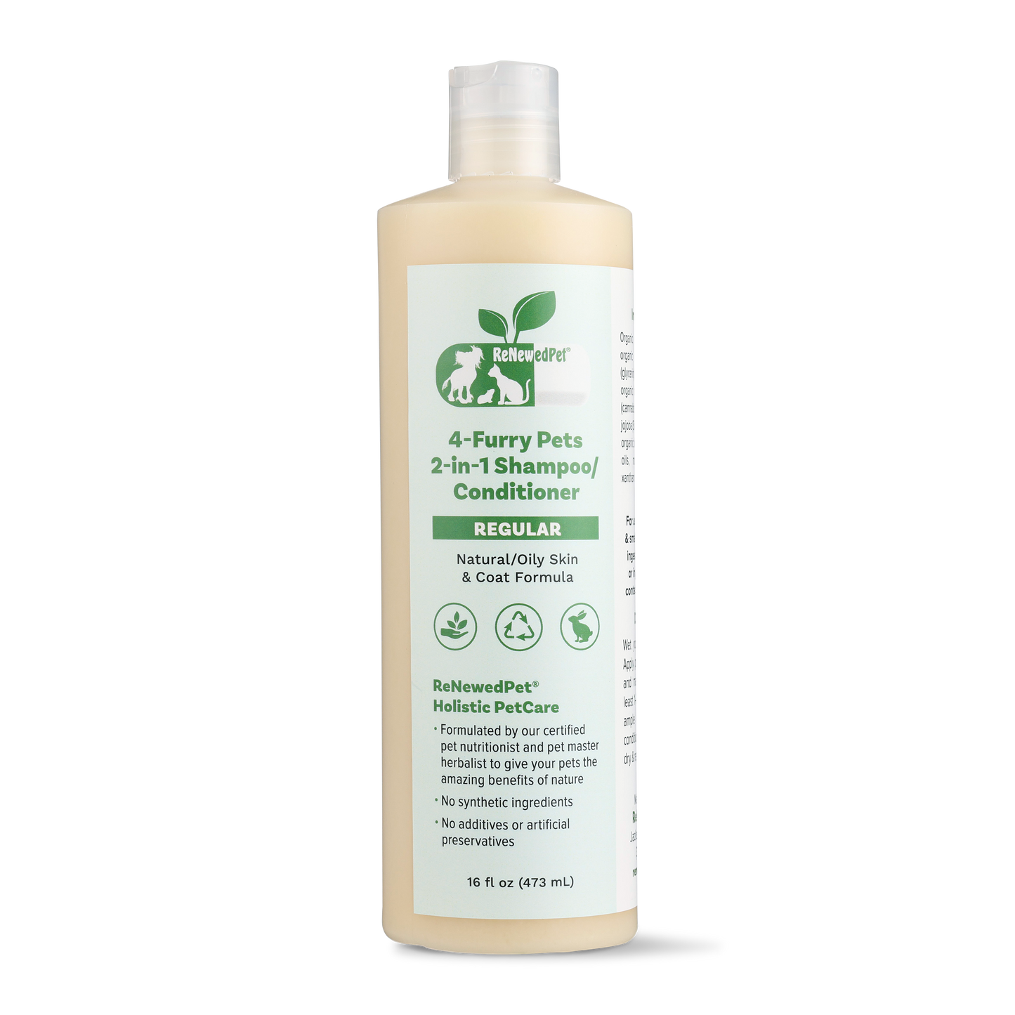 ReNewedPet 4 Furry Friends 2-in-1 shampoo and conditioner for pets, showing a bottle with cartoon furry animals on label.
