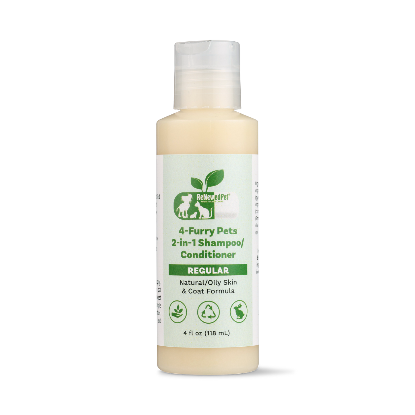 4-Furry Pets 2-in-1 regular shampoo and conditioner by ReNewedPet, showing a bottle of pet grooming product with colorful label.
