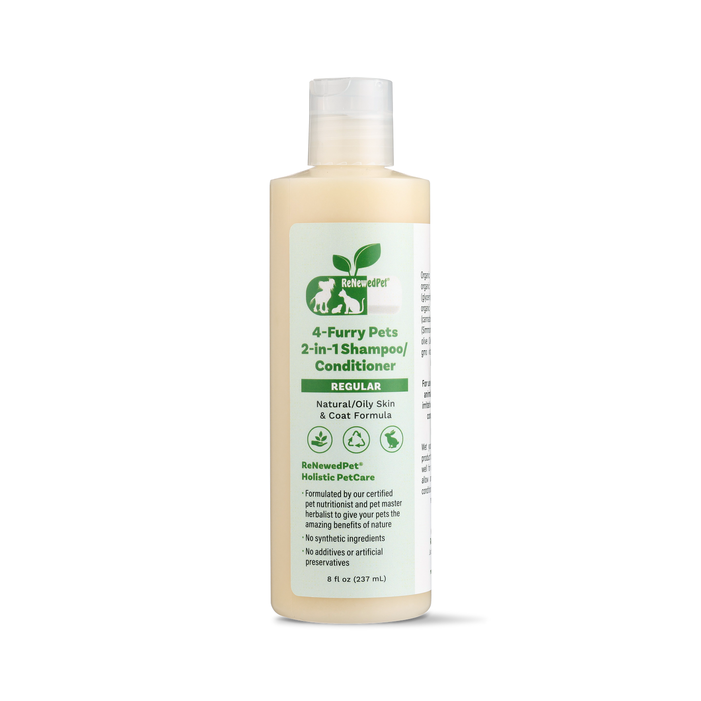 ReNewedPet 4-Furry Friends 2-in-1 shampoo and conditioner for pets, featuring images of four furry animals on the bottle label.