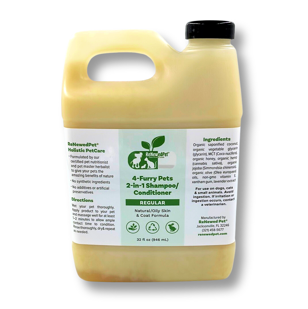 ReNewedPet 4-Furry Pets 2-in-1 shampoo and conditioner for dogs and cats, featuring four adorable furry animal illustrations.