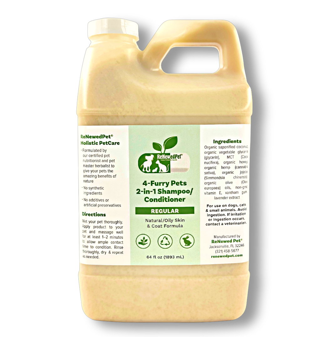 4 Furry Pets 2-in-1 Regular Shampoo & Conditioner by ReNewedPet, showing four furry pets with clean, shiny fur.