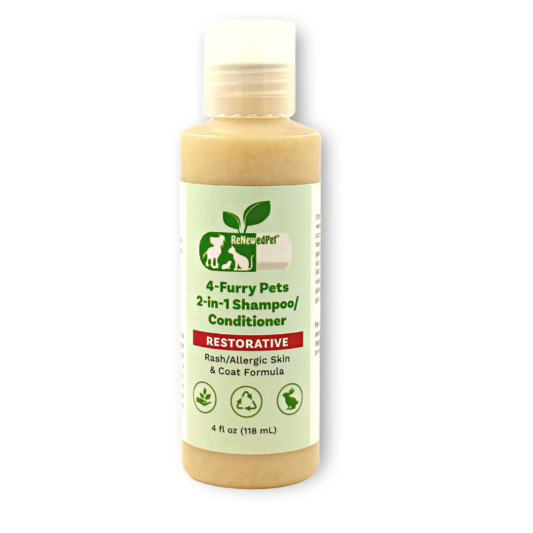 Four furry pets with clean, shiny coats, showcasing ReNewedPet 4-Furry Friends 2-in-1 Restorative Shampoo & Conditioner.