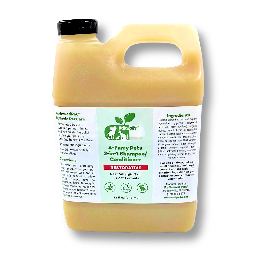 ReNewedPet 4 Furry Friends 2-in-1 Restorative Shampoo and Conditioner bottle with colorful label and furry pet illustrations.