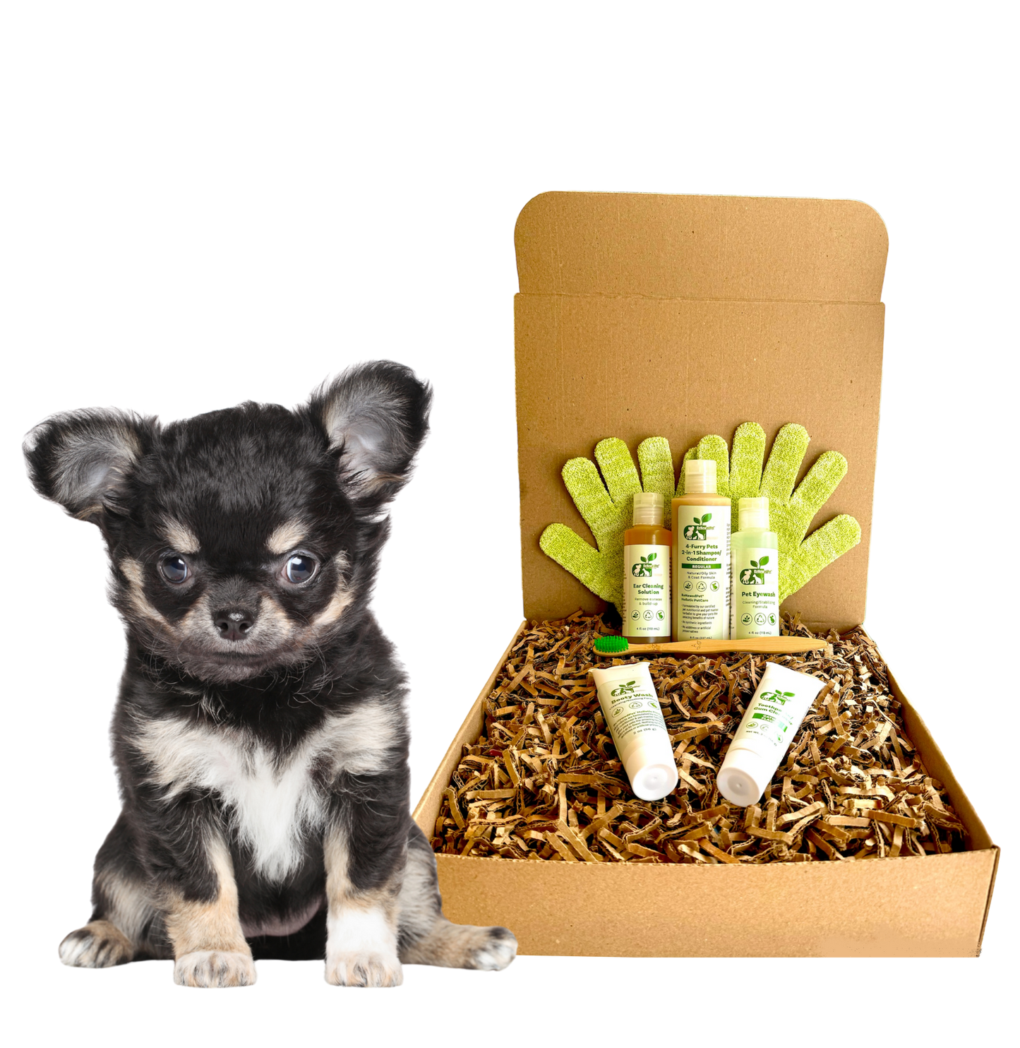 Four furry dogs with ReNewedPet 4-Furry Friends Sensitive Grooming Kit for gentle pet grooming and care.