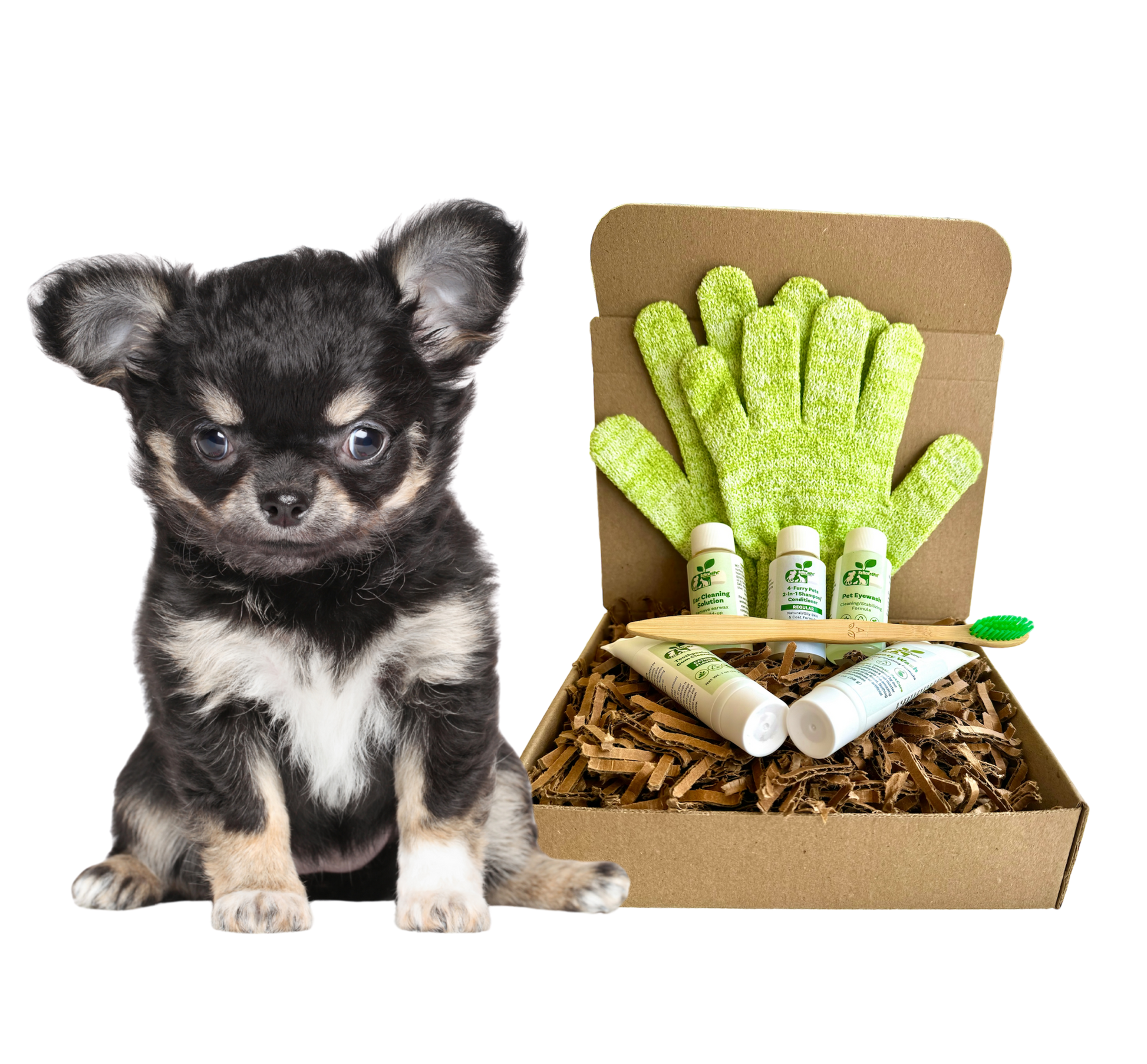 ReNewedPet 4-Furry Dogs Sensitive Grooming Kit featuring four plush dog toys in a sample size for gentle grooming practice.