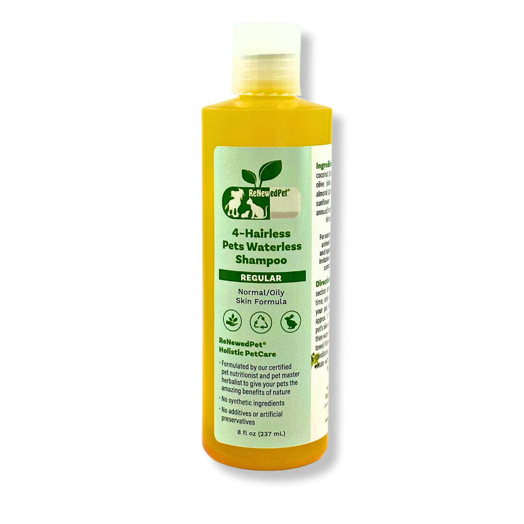 ReNewedPet 4-Hairless Pets Regular Waterless Shampoo bottle for pets, 4 oz, suitable for hairless or short-haired animals