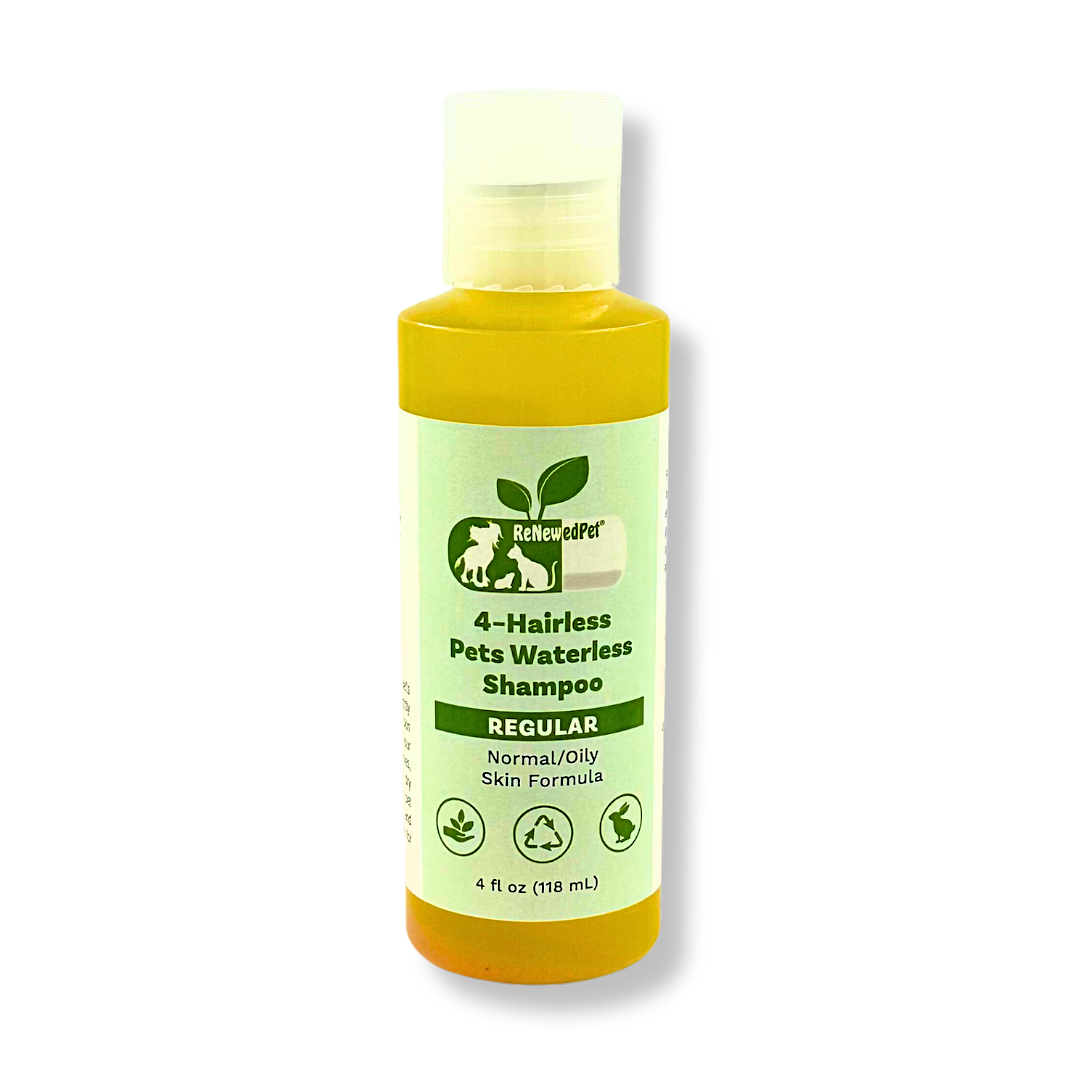 ReNewedPet 4-Hairless Pets Regular Waterless Shampoo bottle for pets, 4 oz, natural grooming solution for hairless and short-haired pets