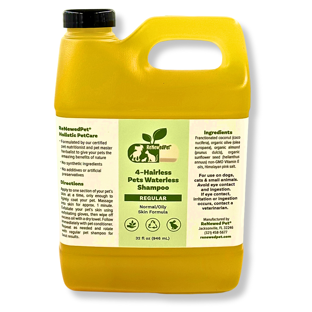ReNewedPet 4-Hairless Pets Regular Waterless Shampoo bottle, formulated for hairless or short-haired pets, in a 4 oz size.