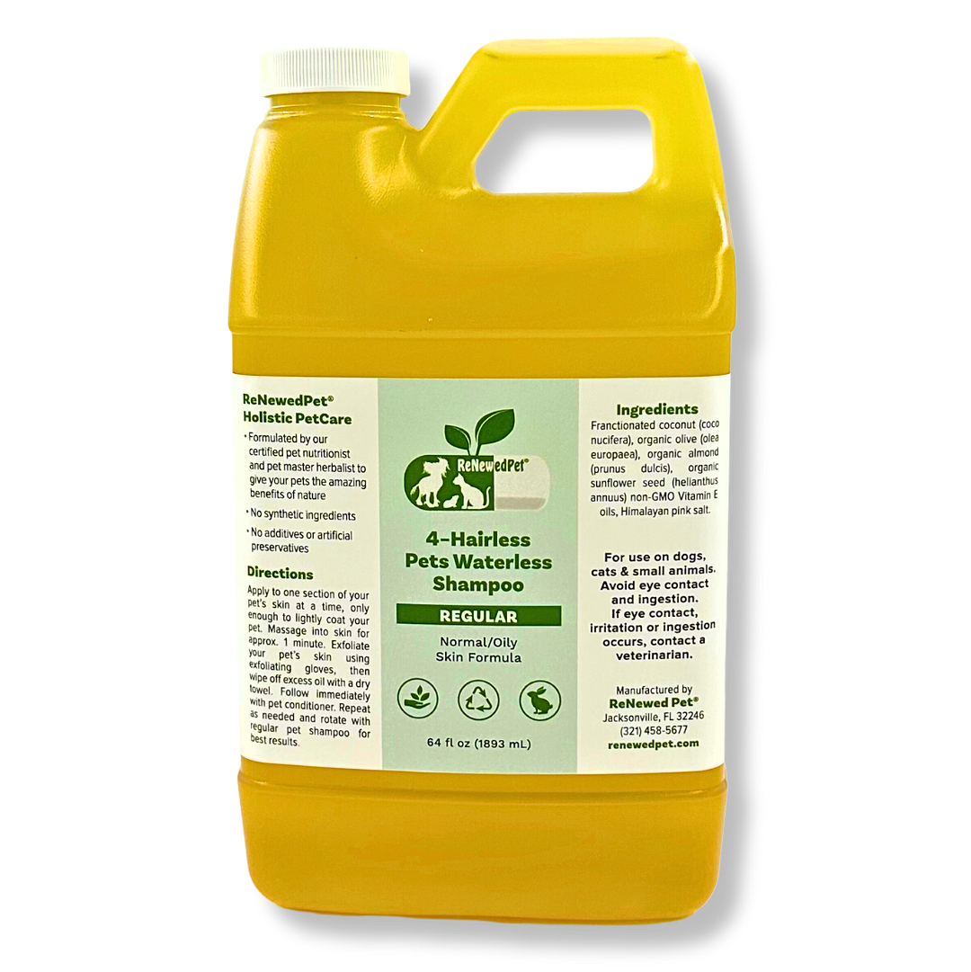 ReNewedPet 4-Hairless Pets Regular Waterless Shampoo bottle, 4 oz, designed for grooming hairless pets naturally.
