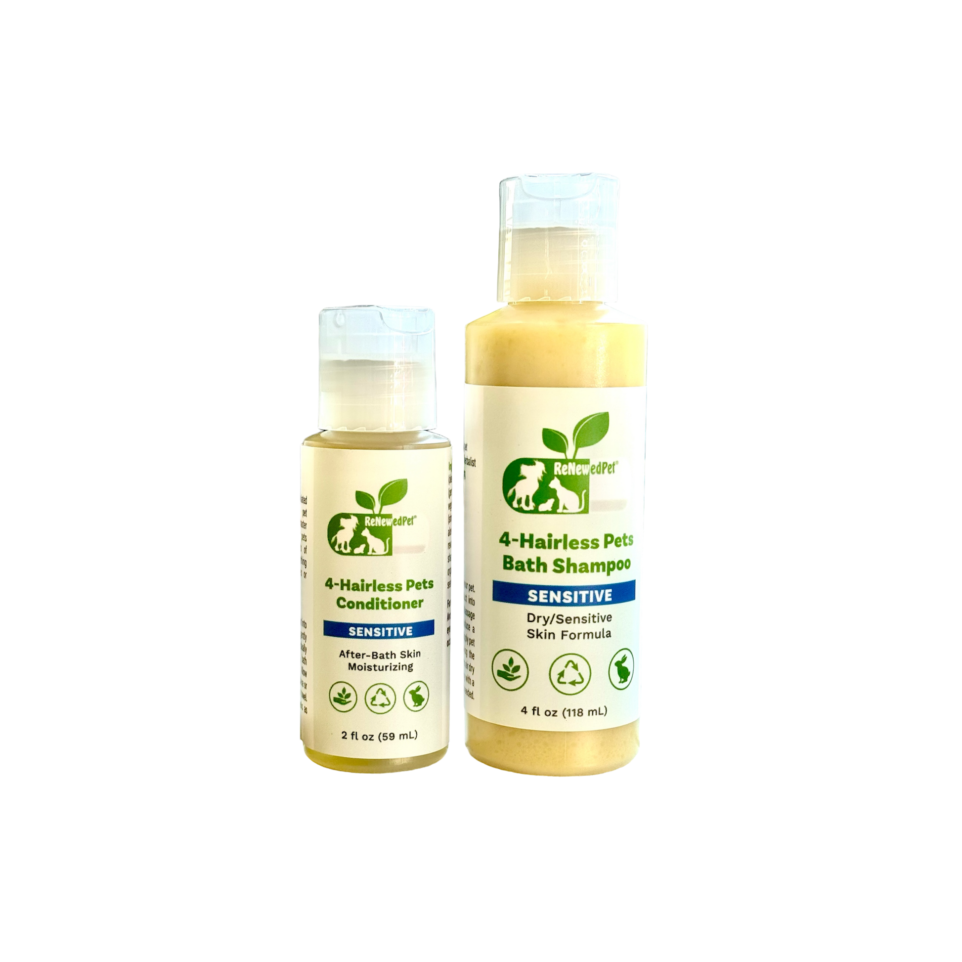 ReNewedPet 4-Hairless Pets Sensitive Shampoo & Conditioner bottle for gentle pet skin care, 4 oz size.