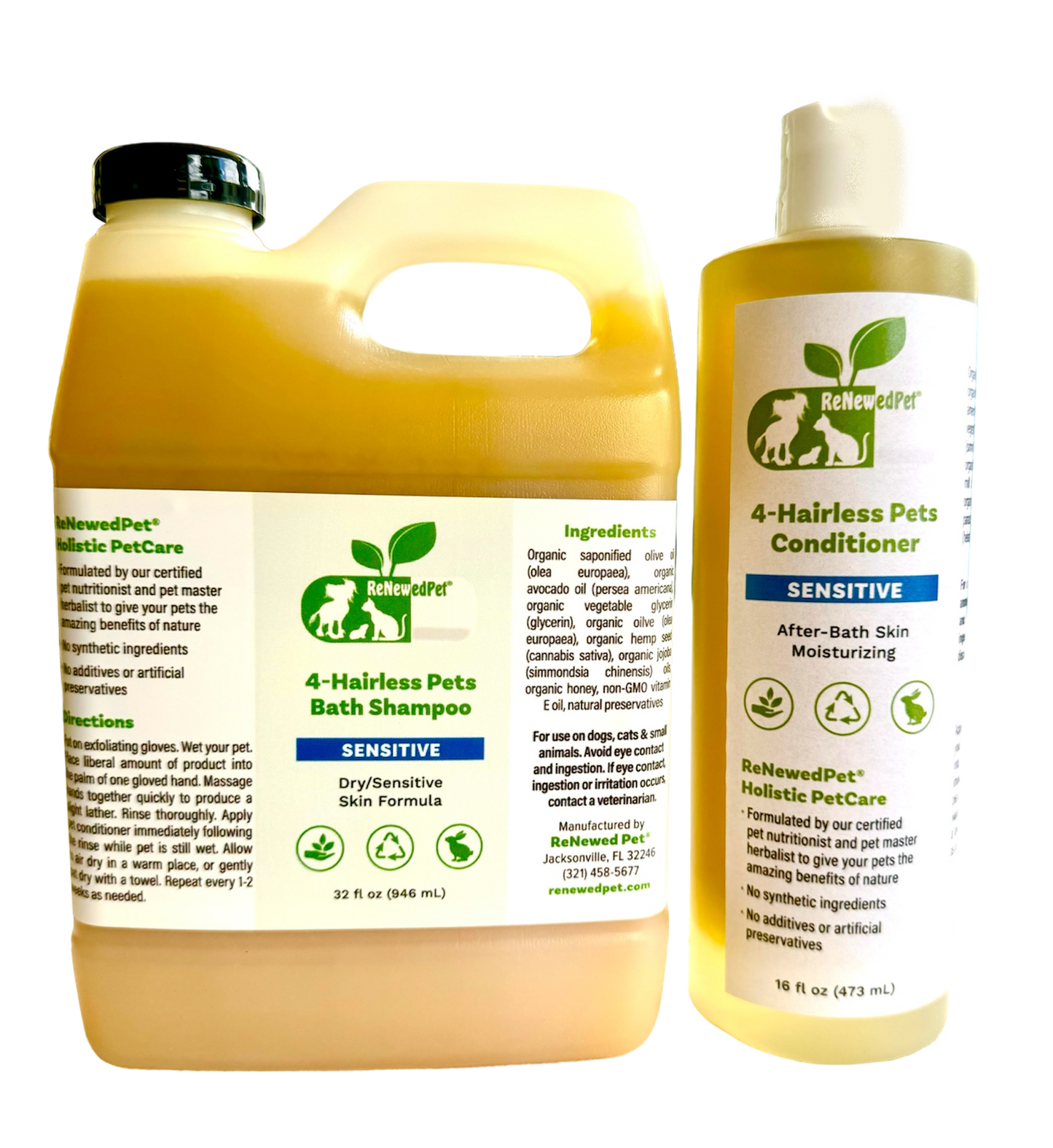 ReNewedPet 4 Nudie Pets Hairless Pets Sensitive Shampoo and Conditioner in 4 oz bottle, gentle for sensitive skin of hairless pets