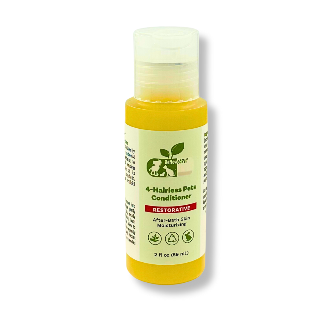 ReNewedPet 4 Hairless Pets Restorative Conditioner in a half-size 2 oz bottle, designed for gentle grooming of hairless pets.