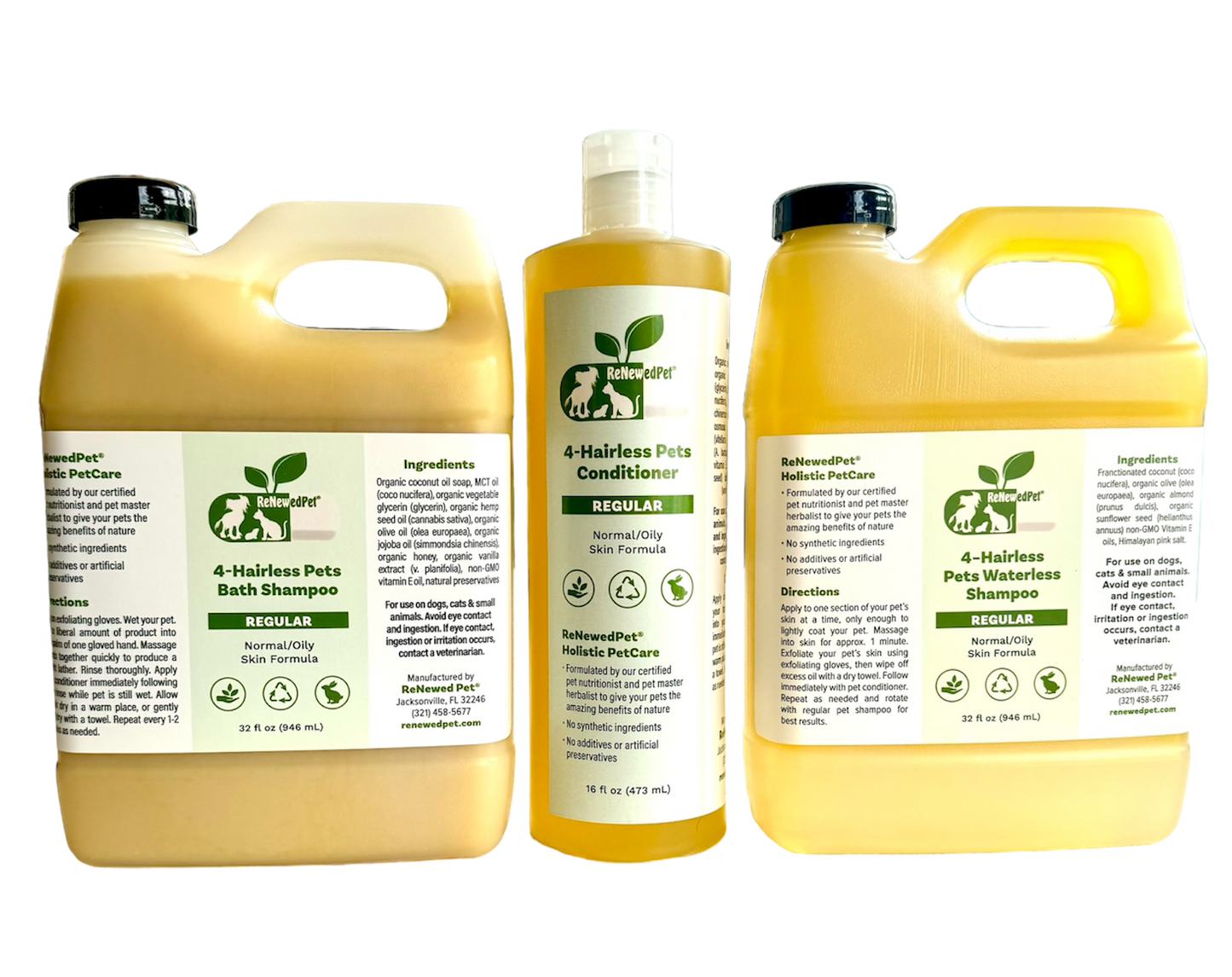 ReNewedPet 4 Nudie Pets hairless pet shampoo, waterless shampoo, and conditioner kit, with bottles and applicator in image