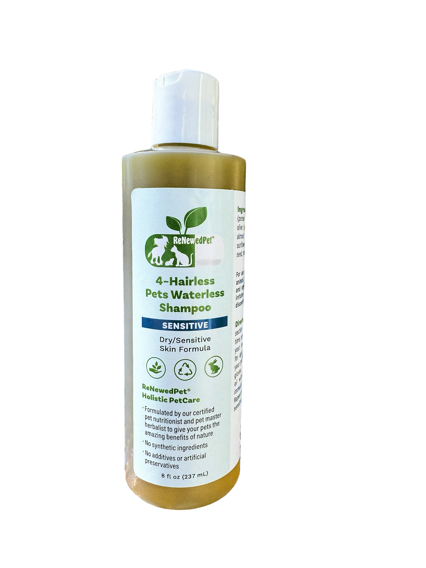 ReNewedPet 4 Nudie Pets Sensitive Waterless Shampoo for hairless pets, 4 oz bottle with easy-to-use spray format.