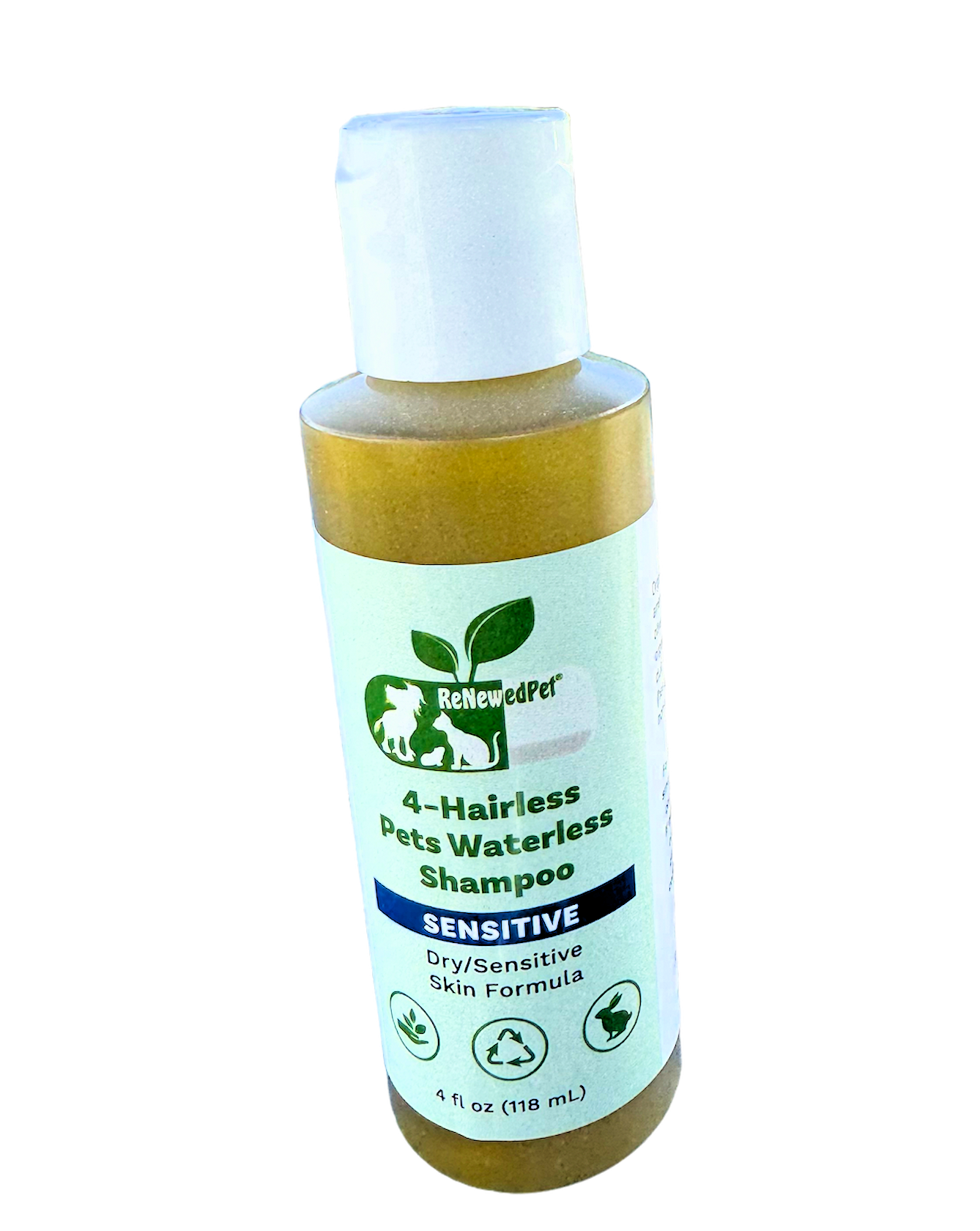 ReNewedPet 4-Hairless Pets Sensitive Waterless Shampoo bottle, 4 oz, designed for gentle, waterless cleaning of hairless pets.