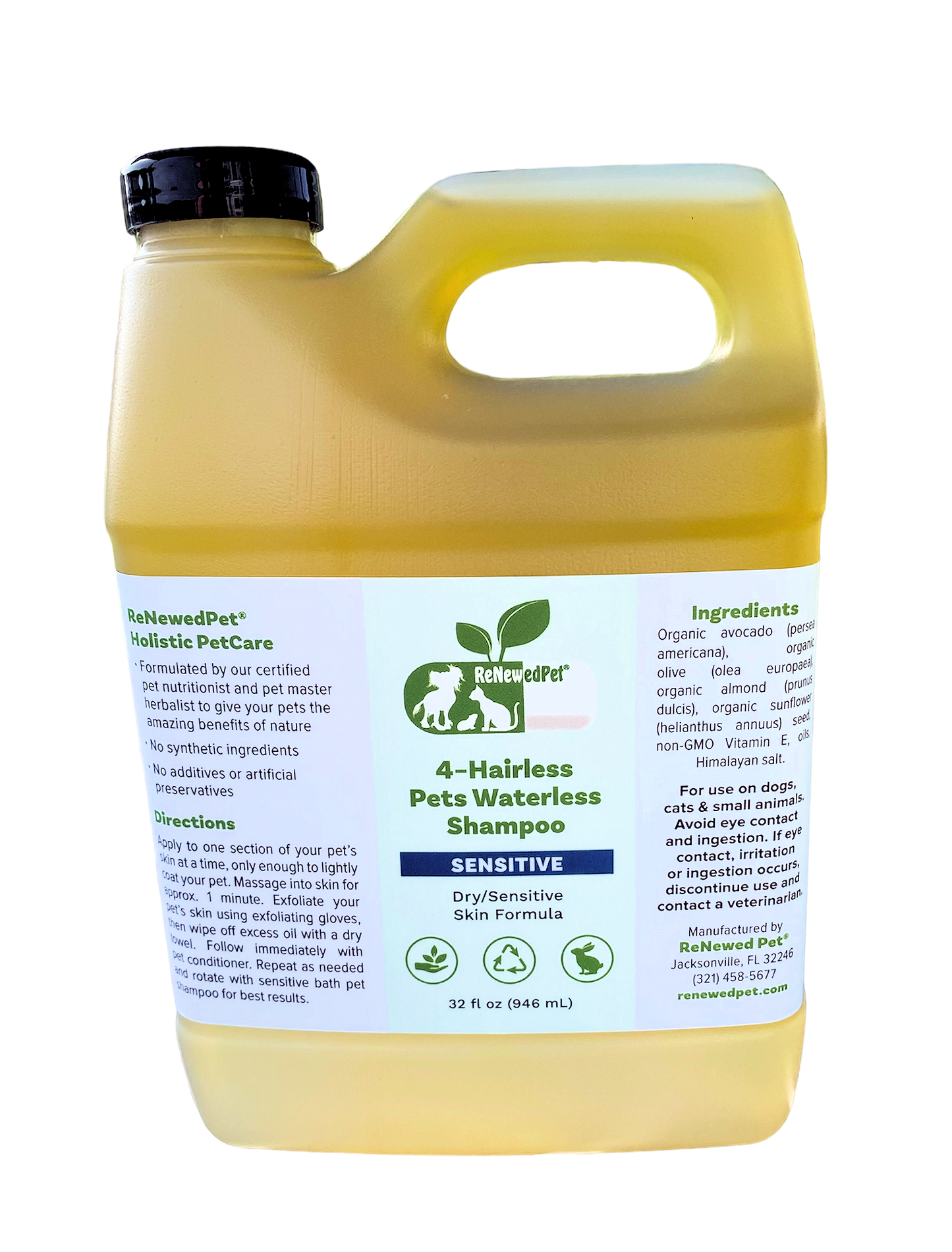 ReNewedPet 4-Hairless Pets Sensitive Waterless Shampoo in 4 oz bottle, gentle formula for hairless and sensitive pets.