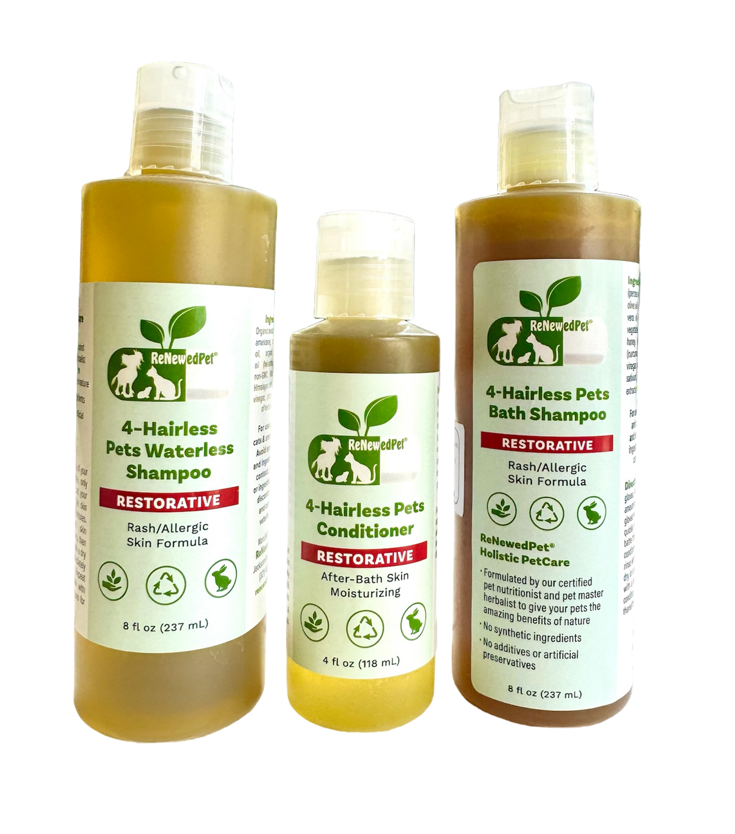 ReNewedPet 4-Hairless Pets Restorative Shampoo and Conditioner for waterless pet grooming, shown in half-size bottle.