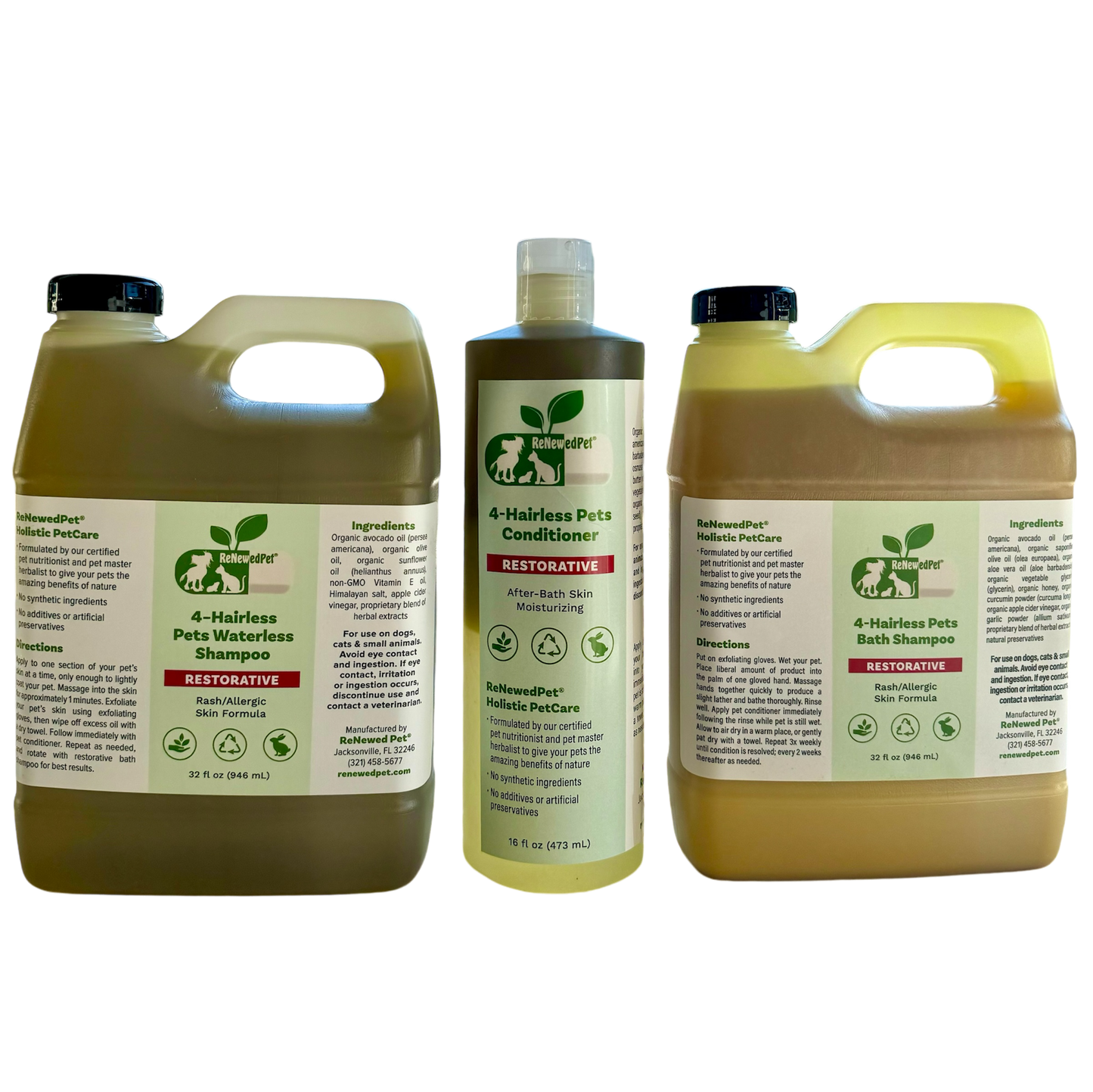 ReNewedPet 4-Hairless Pets Restorative Shampoo and Waterless Conditioner for gentle grooming of hairless pets.