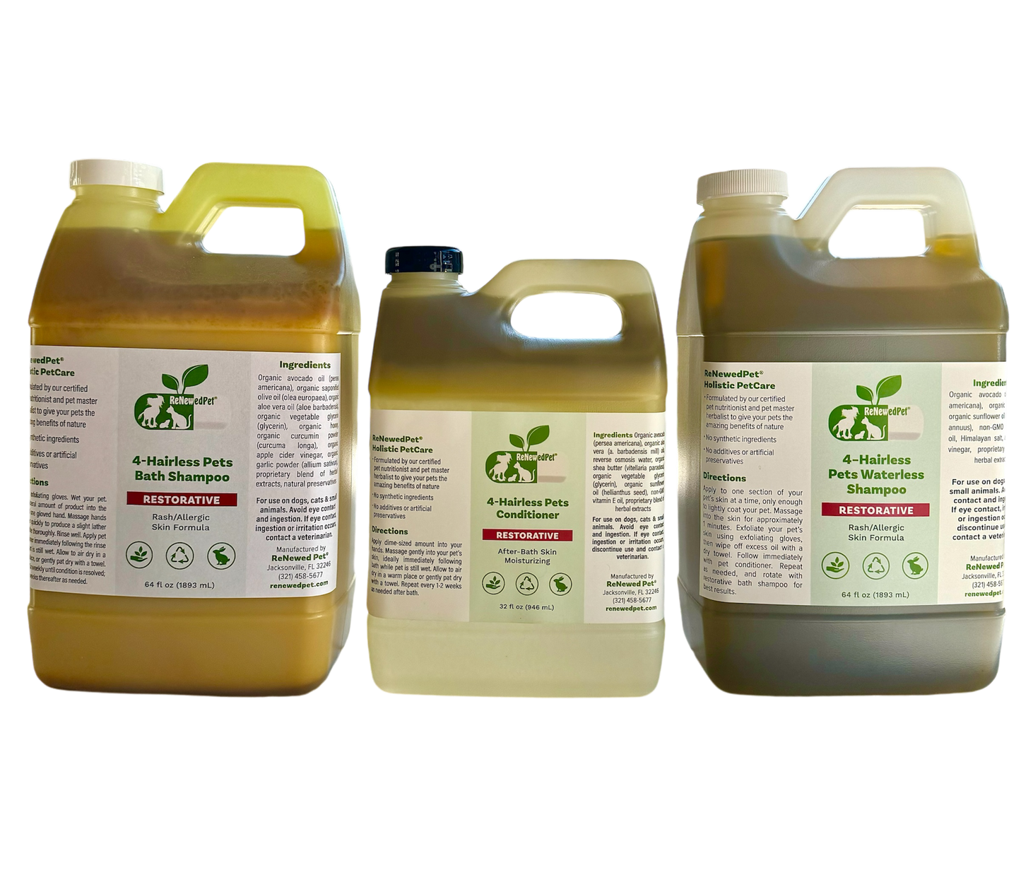 ReNewedPet 4-Hairless Pets Restorative Shampoo, waterless and conditioner for gentle pet grooming, shown in a half-size bottle image.