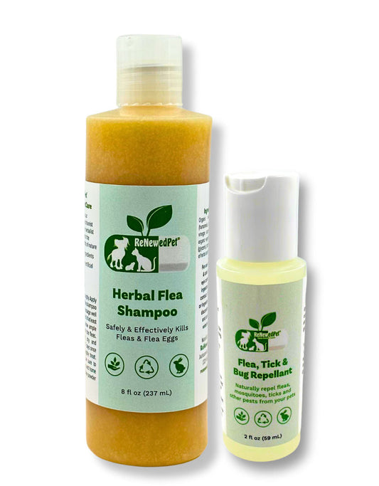 ReNewedPet Flea-X Kit showing flea shampoo bottle, flea tick bug repellent spray, with natural pet grooming ingredients.