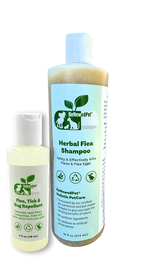 ReNewedPet Flea-X Kit with flea shampoo and tick bug repellent for pets, displayed in bottles on a clean background.