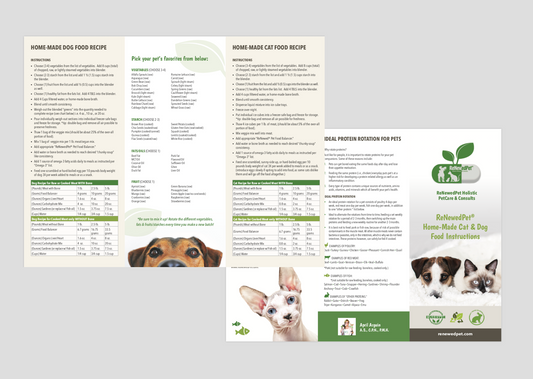 ReNewedPet homemade pet food recipe pamphlet featuring tips and recipes for nutritious, balanced pet meals.