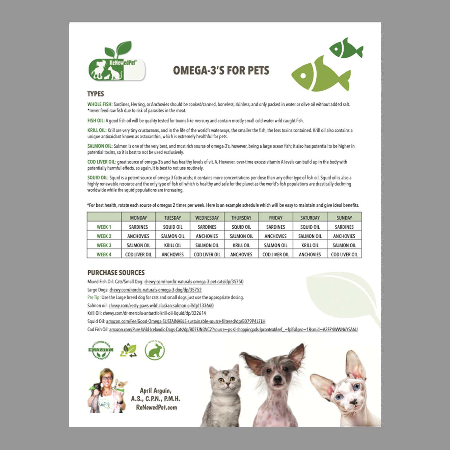 ReNewedPet Omega 3 Fatty Acids supplement for pets, showing the bottle with fish oil capsules on a white background.