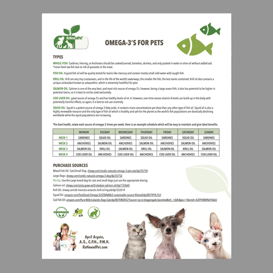 ReNewedPet Omega 3 Fatty Acids for Pets supplement bottle with label showing fish oil capsules and pet-friendly branding.