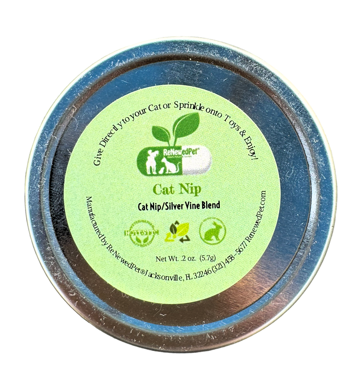 Organic catnip and silver vine mix for cats, by ReNewedPet, in fun stuff packaging, showing the colorful product blend.