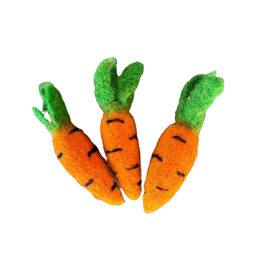 Felted ReNewedPet cat toy shaped like a carrot, soft and colorful, designed for cats to play and chew.
