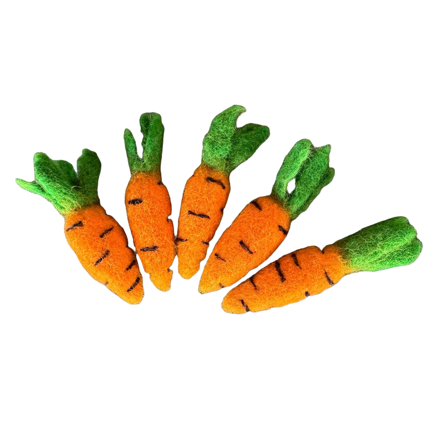 Felted ReNewedPet cat toy carrots, fun and soft for cats to play with, made of colorful felted material.