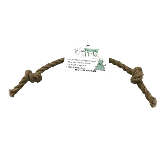 Natural hemp dog tug-toy from ReNewedPet's FUN STUFF! collection, made of durable, eco-friendly hemp for active play.