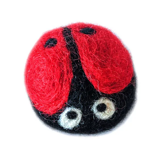 ReNewedPet Gina the Ladybug plush toy made of 100% wool, featuring bright red and black colors with detailed ladybug design.
